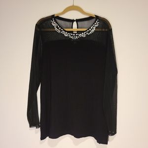 Inc 2X black blouse, jeweled neck, sheer yolk and arms button closure